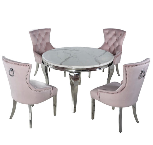Louis 1.3m Round Polar White Sintered Stone & Chrome Dining Table And 4 Pink Velvet Knocker Chairs