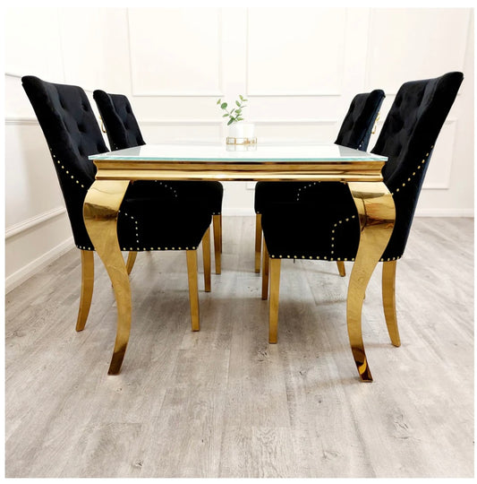 Louis Gold Dining Table Set White Glass Top 1.5 4 Black Velvet Lion knocker Chairs