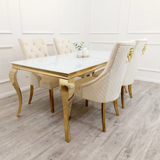 Louis Gold Dining Set 1.5m Table White Glass Plus 4 Cream Velvet Lion Knocker Chairs