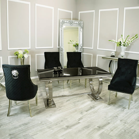 Arianna 1.5 Black Glass Dining Table plus 4 Black Lion Knocker Chairs