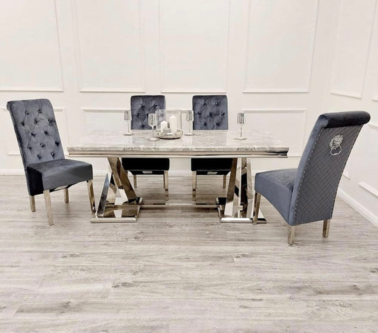 Xavia 1.8 Light Grey Marble Dining Table Set Emma Dining Chairs with Lion Knocker & Quilted Back Grey Velvet