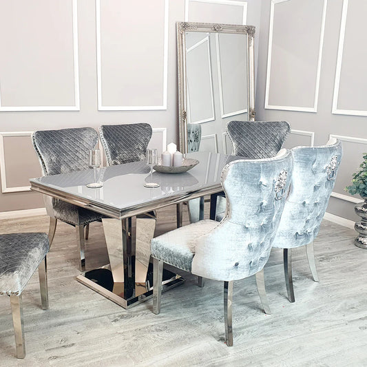 Athena Dining Table 1.8 Grey Glass Set 4 Grey Lion Knocker Chairs