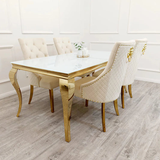 Louis Gold Dining Table Light Grey White Marble Top 1.6m Plus 4 Lion knocker Chairs In Cream Velvet