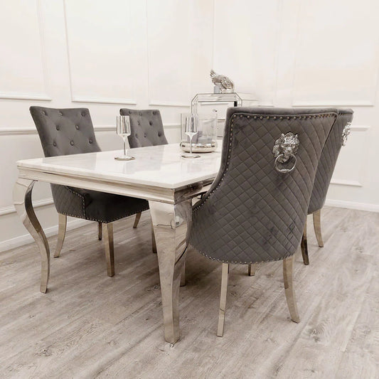Louis Marble 1.5M Dining Table And 4  Grey Velvet Lion Knocker Dining Chairs
